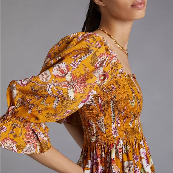 Anthropologie smocked Sweetheart Blouse Yellow Motif (consistently Apply) - Picture 15 of 15